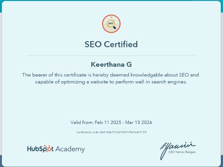 Keerthana SEO Certificate 1
